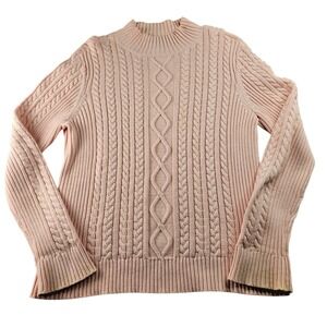 Chaps Cable Knit Sweater Womens L Pink Hand Knit Fisherman Long Sleeve Pullover